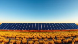 Photorealistic solar panel array on vast agricultural field during golden hour, clean blue sky, no text or labels, panoramic view showing technology integration with natural landscape