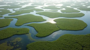 Photorealistic aerial view of thriving coastal wetland with winding waterways, dense green marsh vegetation, and natural wildlife habitats, bright daylight with clear water reflection