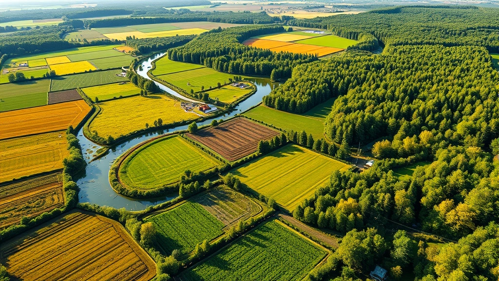 Vibrant agricultural landscape showing crop rotation, forest edges, water features, and wildlife corridors creating mosaic of green and cultivated areas under natural sunlight