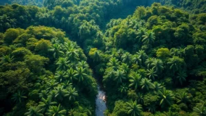 Aerial view of pristine tropical rainforest canopy with diverse green vegetation layers, river winding through forest, sunlight filtering through leaves, photorealistic, no text or labels
