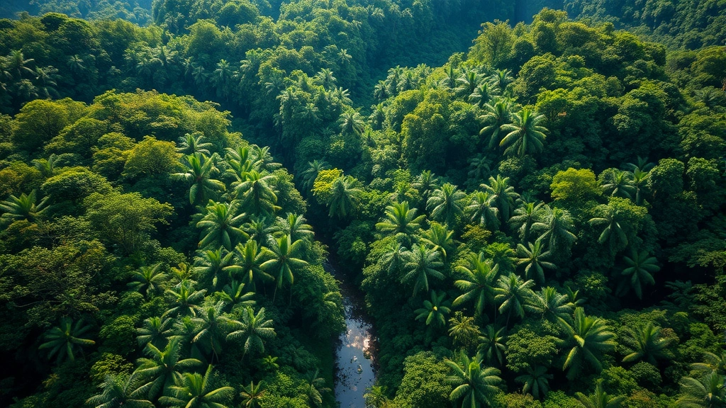 Aerial view of pristine tropical rainforest canopy with diverse green vegetation layers, river winding through forest, sunlight filtering through leaves, photorealistic, no text or labels