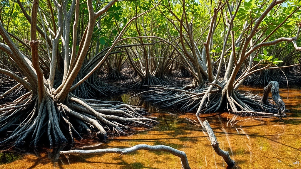 Coastal mangrove forest with intricate root systems in shallow water, rich brown and green tones, diverse wildlife habitat, clear water reflection, photorealistic nature photography