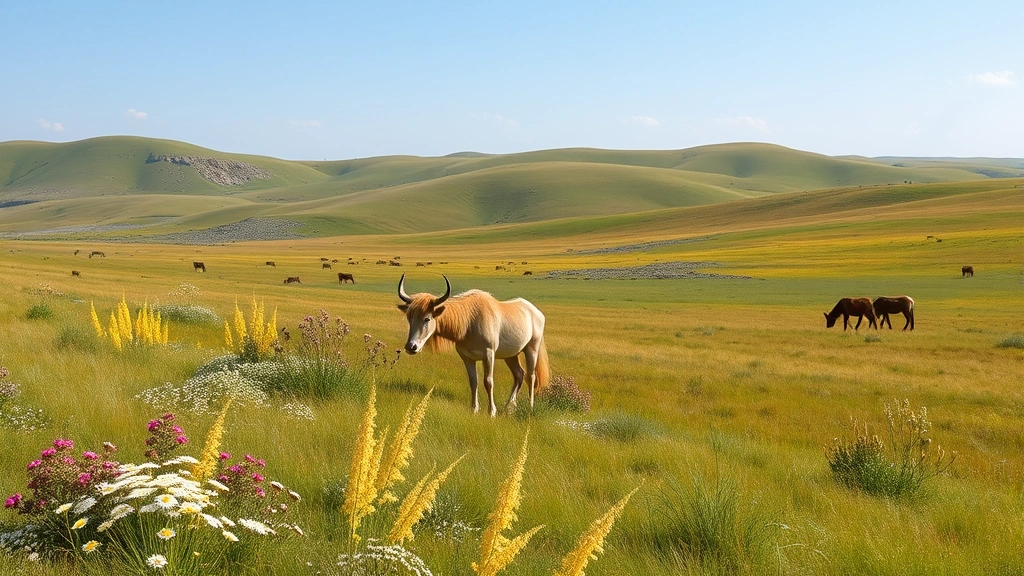 Restored grassland ecosystem with native wildflowers, grasses, and grazing animals, rolling hills, clear sky, vibrant green and earth tones, healthy soil visible, photorealistic landscape