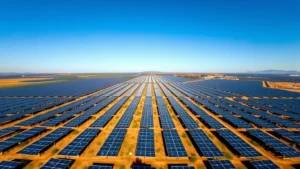 Aerial view of expansive solar farm with thousands of photovoltaic panels stretching across landscape under clear blue sky, representing renewable energy infrastructure investment financed by green bonds, photorealistic morning light