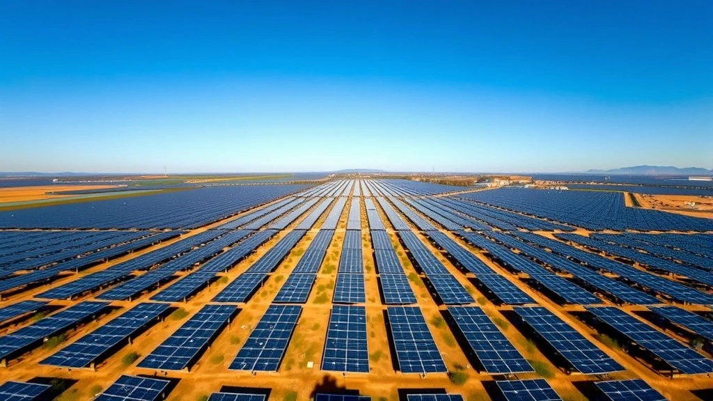 Aerial view of expansive solar farm with thousands of photovoltaic panels stretching across landscape under clear blue sky, representing renewable energy infrastructure investment financed by green bonds, photorealistic morning light
