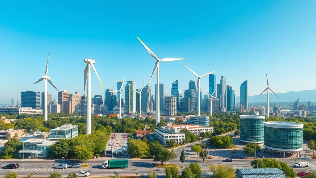 Modern sustainable city skyline with wind turbines integrated into urban landscape, electric vehicle charging stations, and green building infrastructure, showing economic development powered by clean energy investments, photorealistic daytime