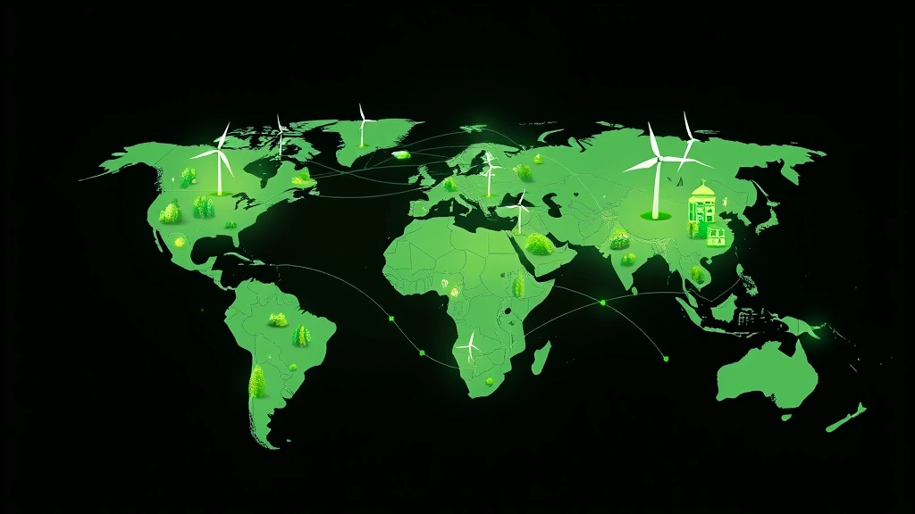 Global financial network visualization represented by interconnected sustainable infrastructure—wind farms, solar installations, hydroelectric dams, and green buildings across different continents—symbolizing worldwide green bond capital flows and economic integration