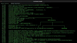 Photorealistic image of a Linux terminal displaying environment variable configuration files and hierarchical system structure, with flowing data streams representing variable inheritance chains, green matrix-style code visualization, no text or terminal content visible
