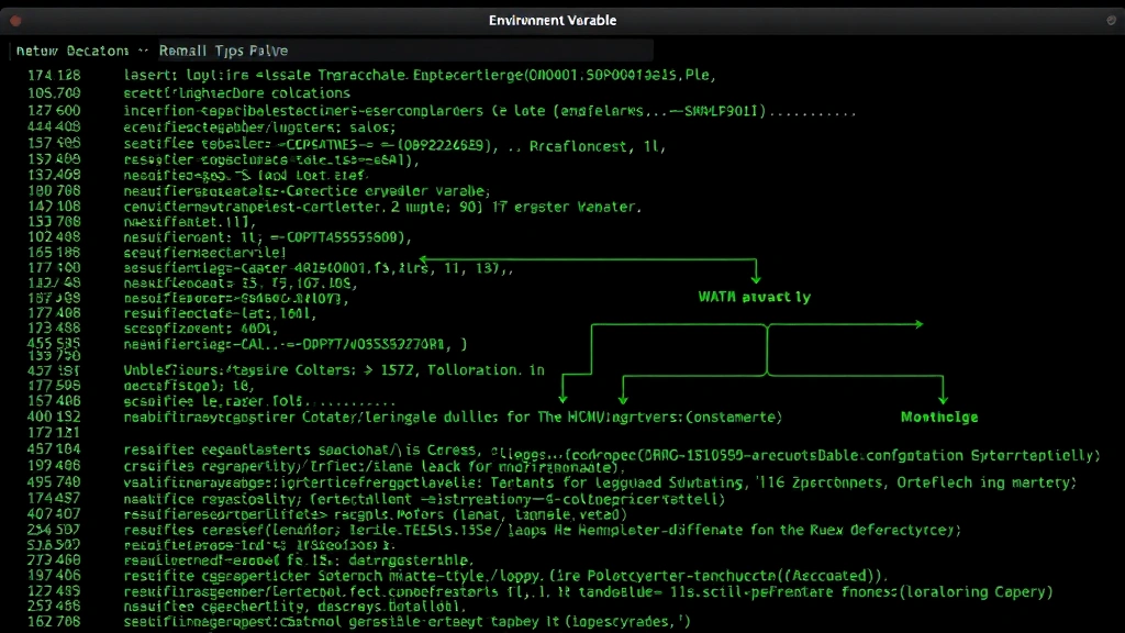 Photorealistic image of a Linux terminal displaying environment variable configuration files and hierarchical system structure, with flowing data streams representing variable inheritance chains, green matrix-style code visualization, no text or terminal content visible