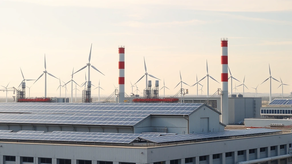 Industrial factory transitioning to green technology with solar panels on roof, wind turbines visible in background, showing economic transformation and sustainability integration