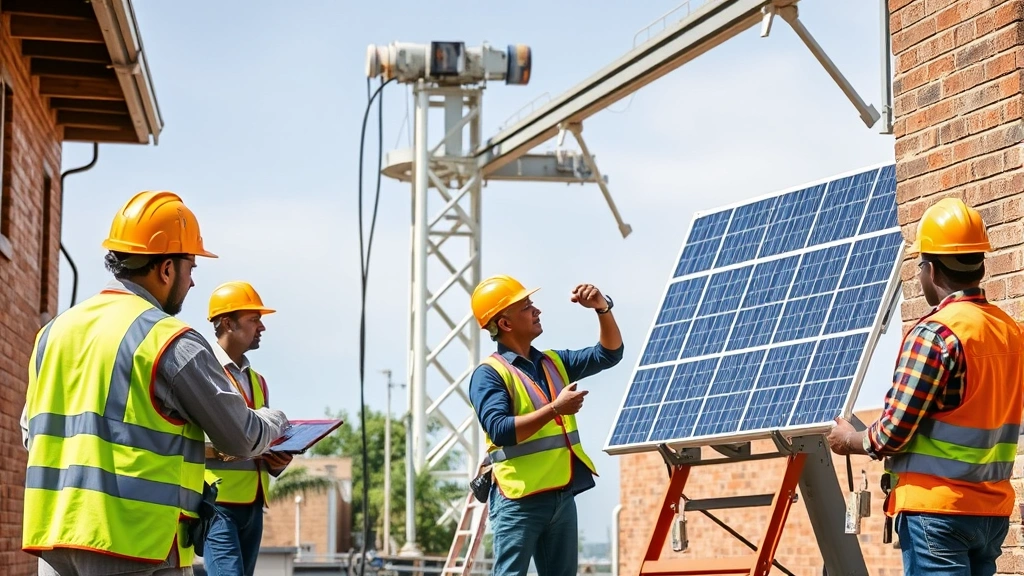 Diverse workers installing renewable energy equipment and retrofitting buildings, demonstrating clean energy employment growth and skilled labor in sustainable industries