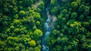 Aerial view of diverse tropical forest canopy with river flowing through, morning mist rising, vibrant green vegetation creating natural mosaic pattern, sunlight filtering through layers of leaves, pristine ecosystem in full productivity