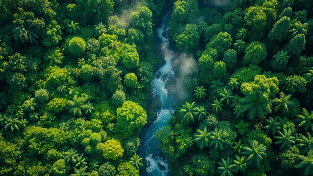 Aerial view of diverse tropical forest canopy with river flowing through, morning mist rising, vibrant green vegetation creating natural mosaic pattern, sunlight filtering through layers of leaves, pristine ecosystem in full productivity