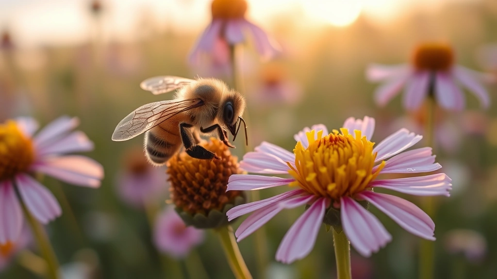 Close-up of honeybee collecting pollen from wildflower blossoms in natural meadow, multiple flowers in soft focus background, golden hour lighting, demonstrating pollination ecosystem service in action