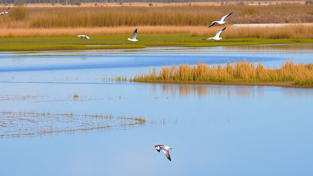 Wetland landscape with water surface reflecting sky, cattails and aquatic vegetation along shoreline, birds flying overhead, natural water purification and habitat ecosystem, serene environmental conditions