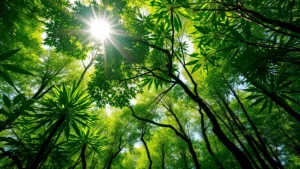 Lush green forest canopy with sunlight filtering through leaves, representing ecosystem health and natural capital providing economic value and environmental services to communities