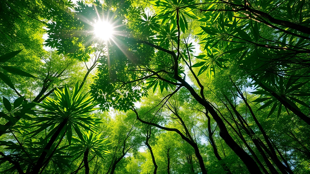 Lush green forest canopy with sunlight filtering through leaves, representing ecosystem health and natural capital providing economic value and environmental services to communities