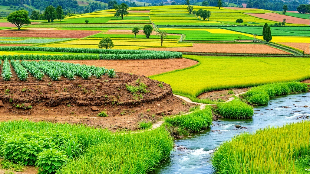 Thriving agricultural landscape with healthy soil, diverse crops, and clear water flowing through fields demonstrating sustainable farming practices supporting food security and rural economies