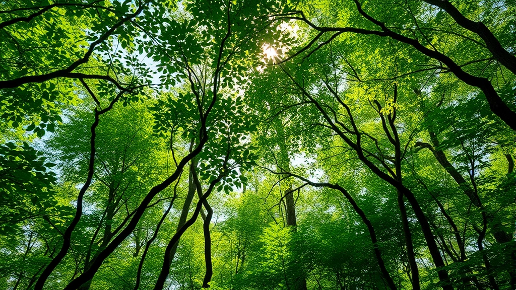 Lush forest canopy with diverse vegetation layers filtering sunlight through leaves, demonstrating carbon sequestration and air purification ecosystem services in natural setting
