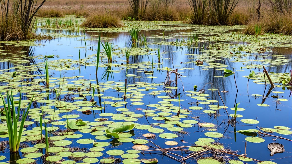 Wetland ecosystem with water reflections, native plants, and wildlife habitat showing water purification and flood regulation services in pristine natural environment