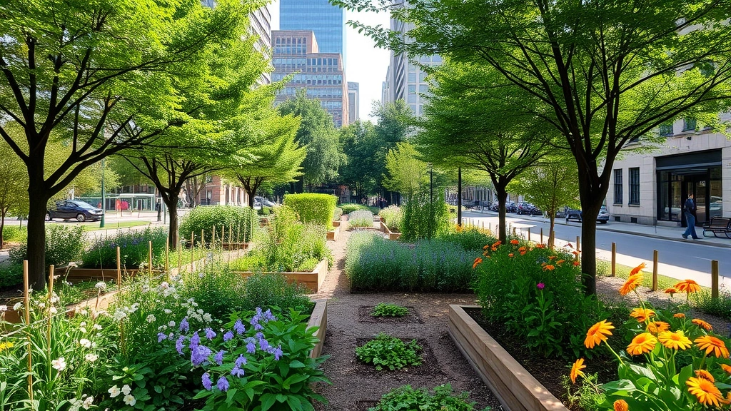 Urban green space integration with community gardens, trees providing shade, and pollinator-friendly flowers demonstrating ecosystem services in developed city landscape
