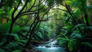 Tropical rainforest canopy with diverse tree species and flowing water stream, photorealistic, no text, showing ecosystem complexity and water cycle function