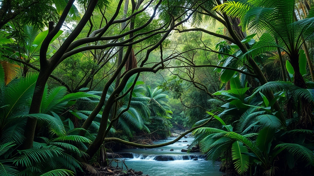 Tropical rainforest canopy with diverse tree species and flowing water stream, photorealistic, no text, showing ecosystem complexity and water cycle function