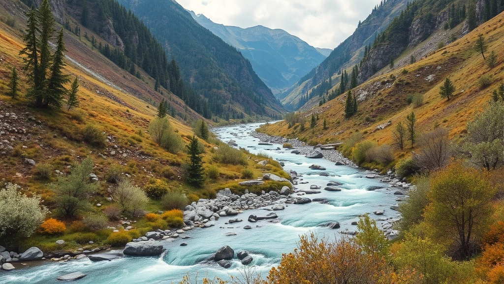 Mountain watershed ecosystem with flowing water and diverse vegetation providing clean water services to downstream communities and agricultural regions, photorealistic, no text