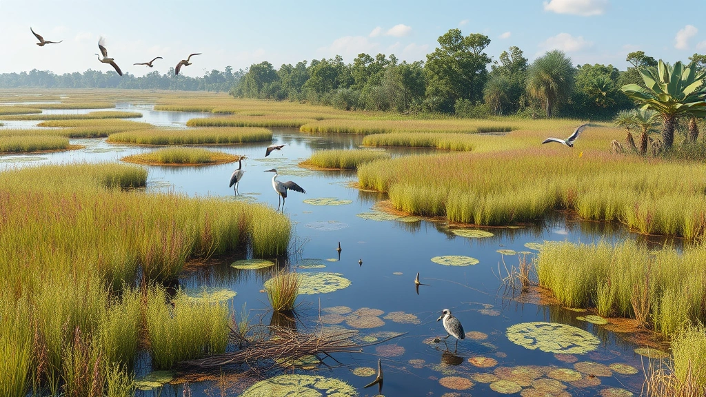 Restored wetland ecosystem with diverse native vegetation, water birds, and aquatic life thriving in rehabilitated natural landscape, photorealistic, no text