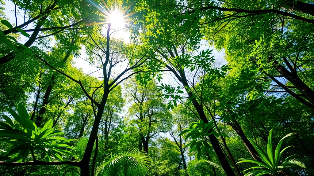 Photosynthetic forest canopy with sunlight filtering through leaves, showing verdant vegetation and biodiversity in natural ecosystem
