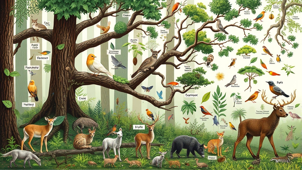 Diverse ecosystem showing interconnected food web with herbivores, carnivores, plants, and decomposers in forest habitat environment