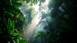Lush tropical rainforest canopy with sunlight filtering through dense green foliage, vibrant biodiversity visible in vegetation layers, misty atmosphere suggesting water cycling and ecosystem health, photorealistic perspective from forest floor looking upward