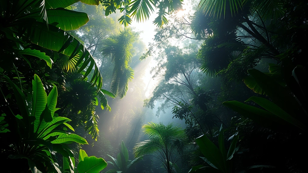 Lush tropical rainforest canopy with sunlight filtering through dense green foliage, vibrant biodiversity visible in vegetation layers, misty atmosphere suggesting water cycling and ecosystem health, photorealistic perspective from forest floor looking upward