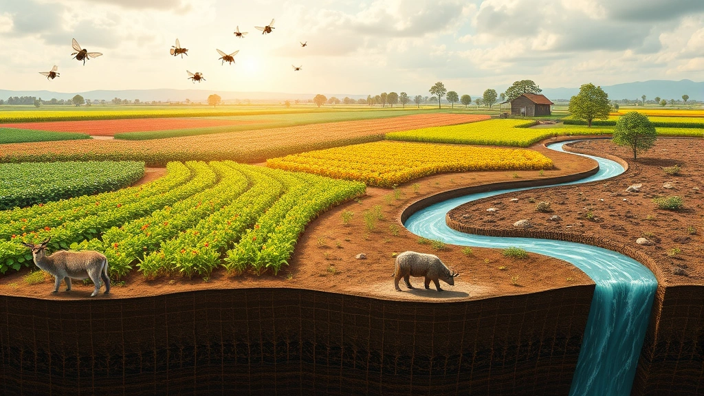 Interconnected visualization showing healthy agricultural landscape with diverse crops, pollinating insects, rich soil, flowing water, and wildlife, demonstrating ecosystem services supporting food production without text or charts