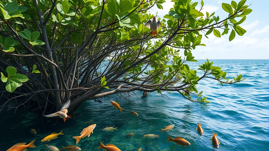 Coastal mangrove forest meeting ocean waters with fish and marine life visible, showing blue carbon sequestration and fishery habitat, diverse bird species in branches, photorealistic nature scene emphasizing ecosystem economic value