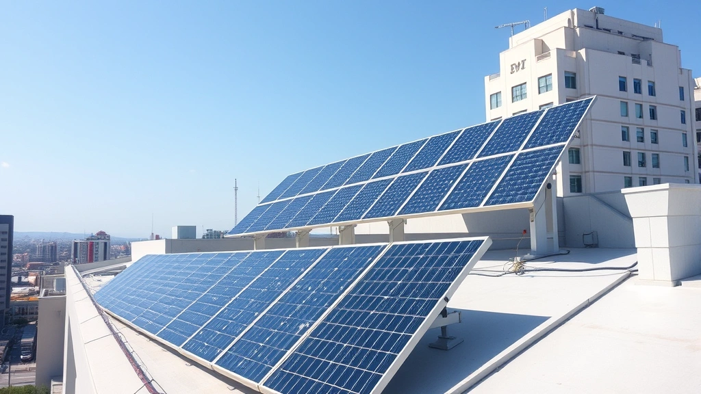 Solar panel installation on commercial rooftop with clear sky, photorealistic, showing modern renewable energy infrastructure in urban setting, no text or labels