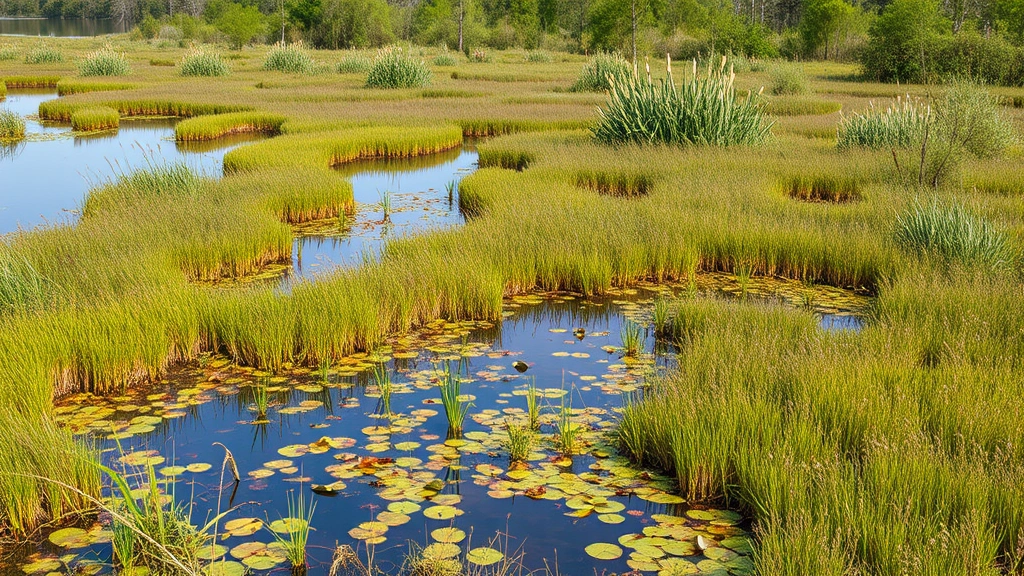 Restored wetland ecosystem with native vegetation, water, and wildlife habitat, photorealistic nature photography demonstrating environmental recovery and ecosystem value