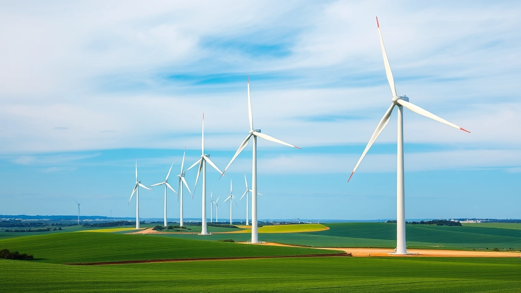 Wind turbines in landscape with green fields and blue sky, photorealistic clean energy generation showing sustainable infrastructure integration with natural environment