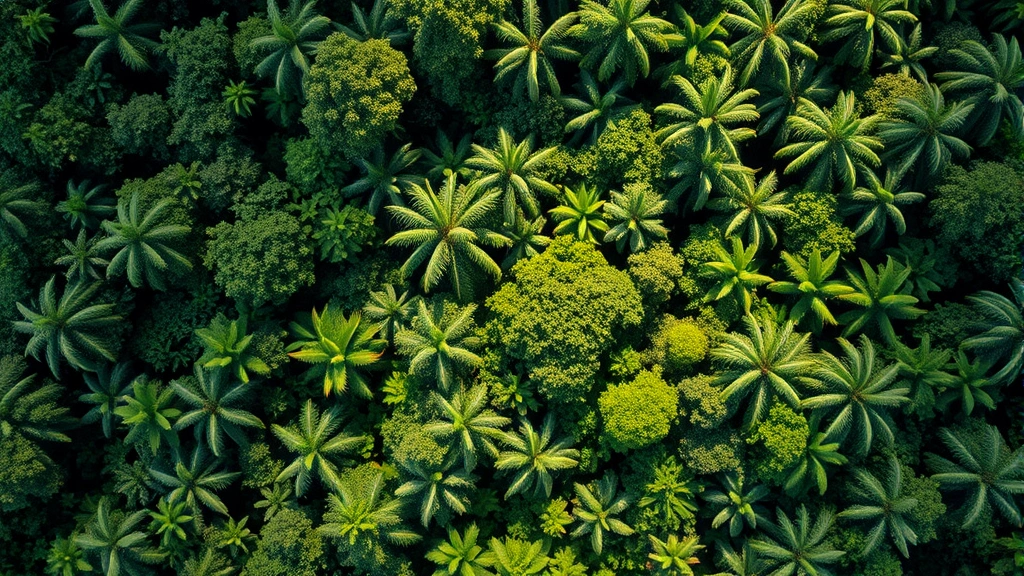 Aerial view of intact tropical rainforest canopy with diverse green vegetation, sunlight filtering through layers, demonstrating ecosystem complexity and biodiversity in natural state without human infrastructure visible