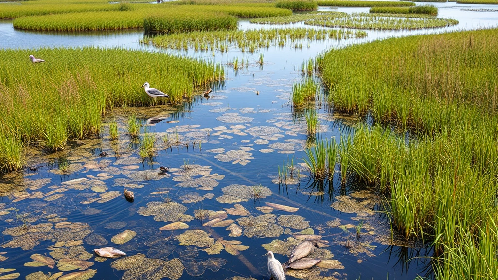 Wetland ecosystem with water, marsh grasses, and wildlife including birds and fish, showing interconnected water systems and habitat provision in natural setting with clear water and lush vegetation