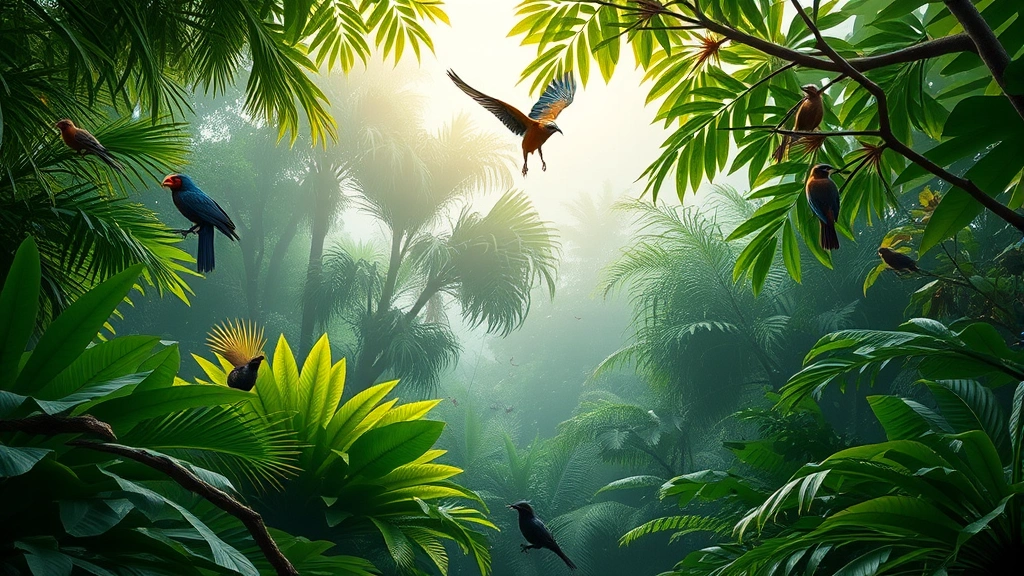 Lush tropical rainforest canopy with diverse wildlife including birds, insects, and mammals in natural habitat, misty morning light filtering through dense green vegetation