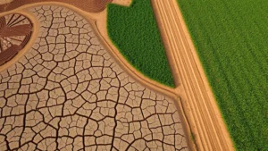 Aerial view of agricultural fields with visible soil degradation patterns, dry cracked earth transitioning to green crops, representing macro environment impact on food production and economic productivity
