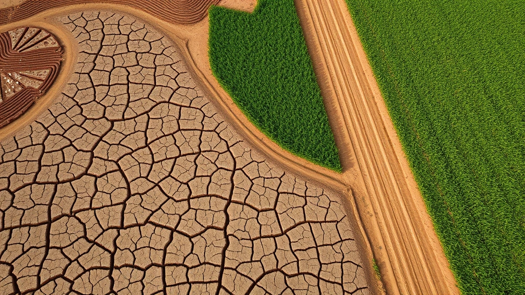 Aerial view of agricultural fields with visible soil degradation patterns, dry cracked earth transitioning to green crops, representing macro environment impact on food production and economic productivity