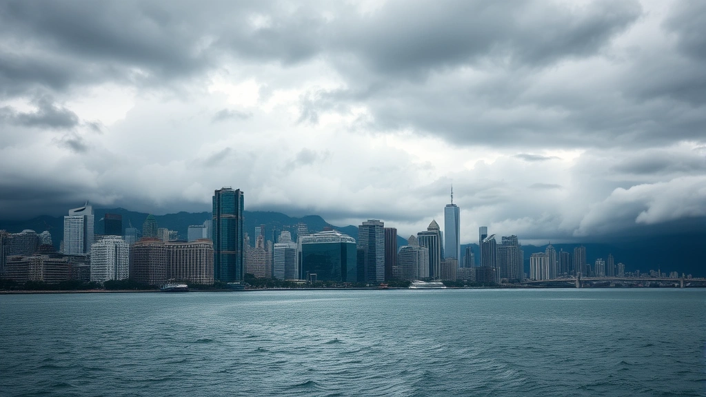 Coastal city skyline with storm clouds gathering, demonstrating climate vulnerability, extreme weather risks, and environmental threats to urban economic centers and infrastructure