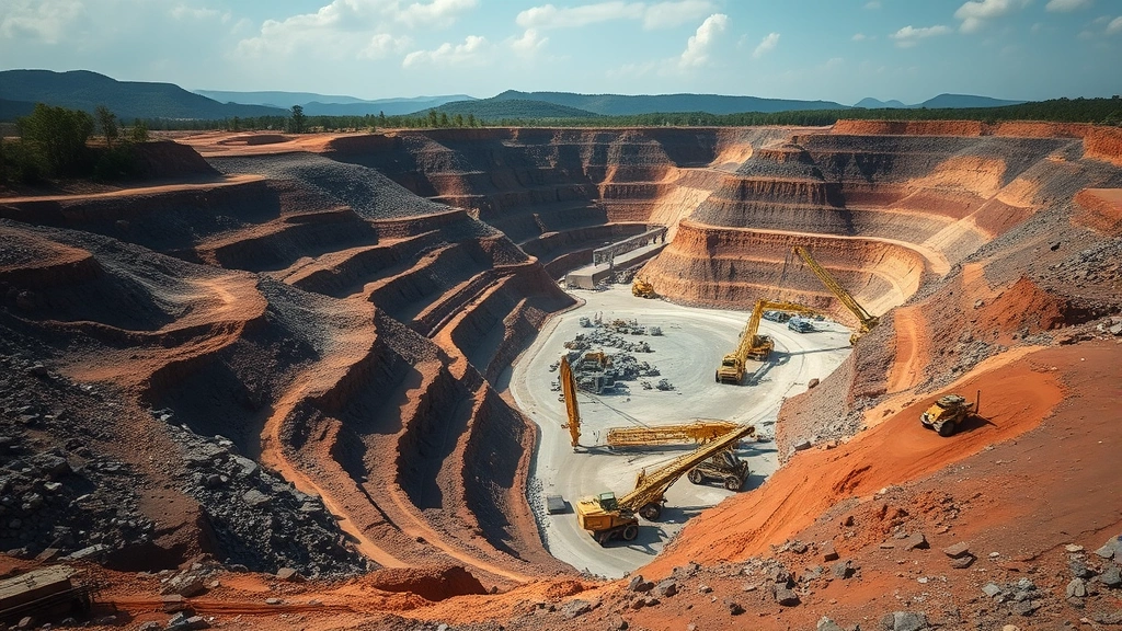 Industrial mining operation with exposed earth and extraction equipment in landscape, representing macroeconomic resource extraction dynamics and ecosystem disruption, wide-angle perspective, natural lighting