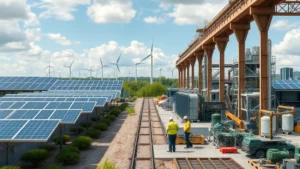 Industrial factory with renewable energy solar panels and wind turbines visible in background, showing sustainable production transition with workers in modern facility, natural landscape surrounding