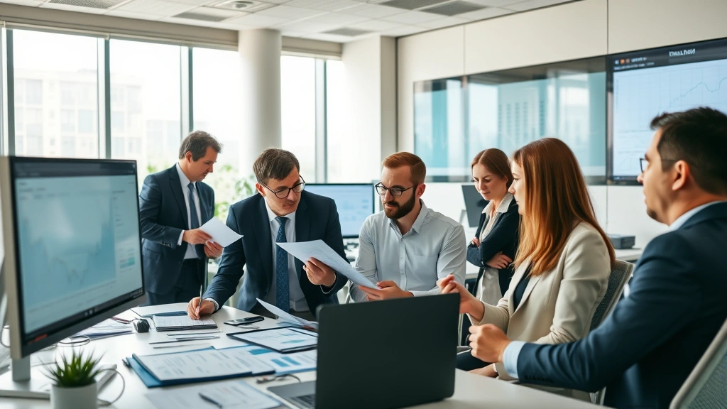 Diverse financial professionals in modern office reviewing regulatory compliance documents and economic data on screens, collaborative workspace with charts and analysis visible, natural window lighting