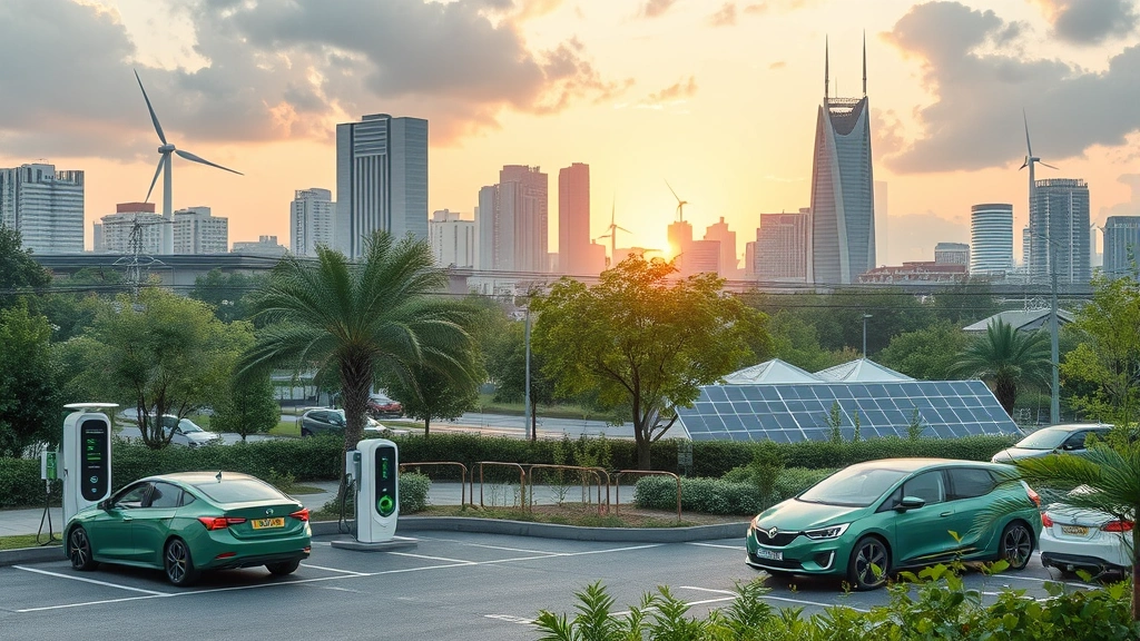 Green economy transition scene showing electric vehicles charging station, renewable energy infrastructure, sustainable urban development with trees and nature integrated into modern city landscape