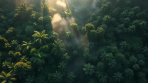 Aerial view of lush tropical rainforest canopy with sunlight filtering through dense green vegetation, misty morning atmosphere, vibrant ecosystem diversity visible from above