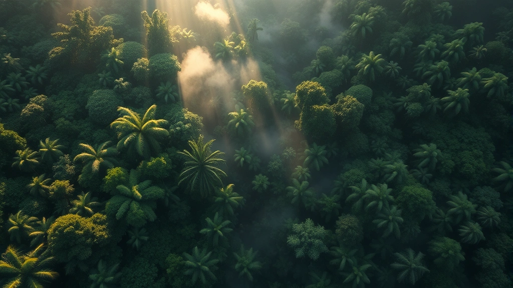 Aerial view of lush tropical rainforest canopy with sunlight filtering through dense green vegetation, misty morning atmosphere, vibrant ecosystem diversity visible from above